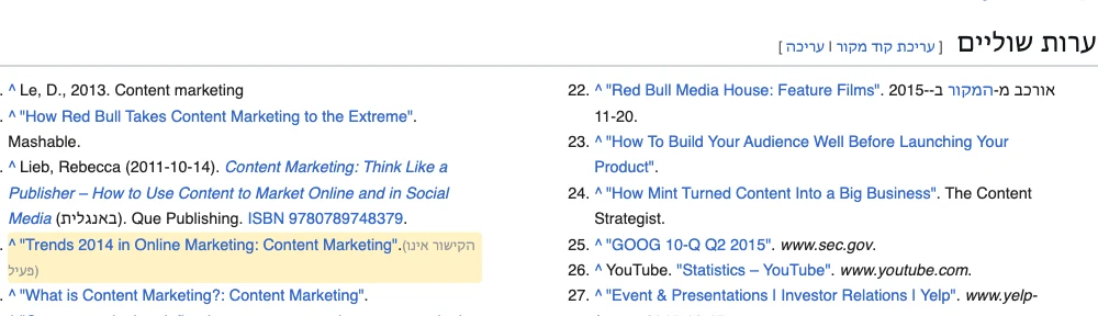הערת שוליים בוויקיפדיה עם קישור שבור, מסומנת בצהוב
