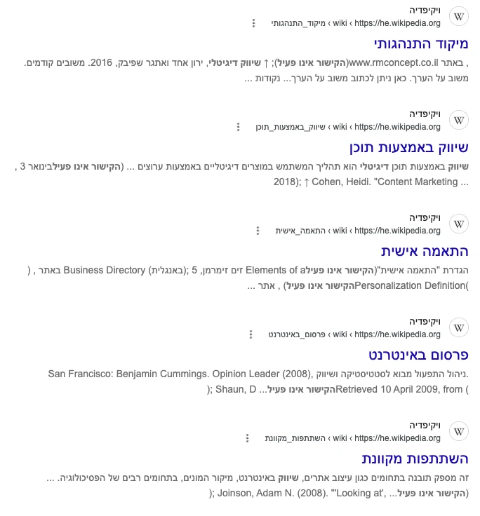 תוצאות חיפוש בגוגל: ערכי ויקיפדיה בתחום השיווק עם ההערה הקישור אינו פעיל