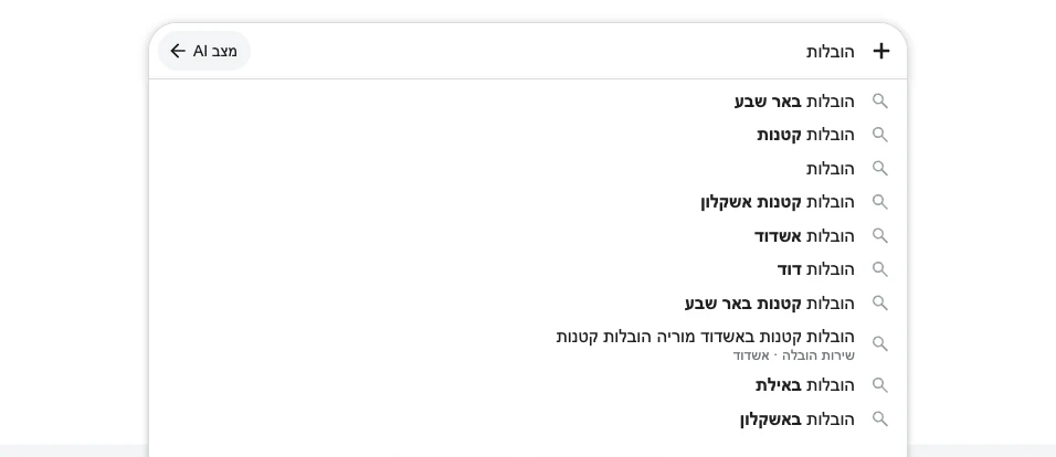 השלמות אוטומטיות בגוגל לחיפוש הובלות, כולל הובלות קטנות והובלות לפי ערים