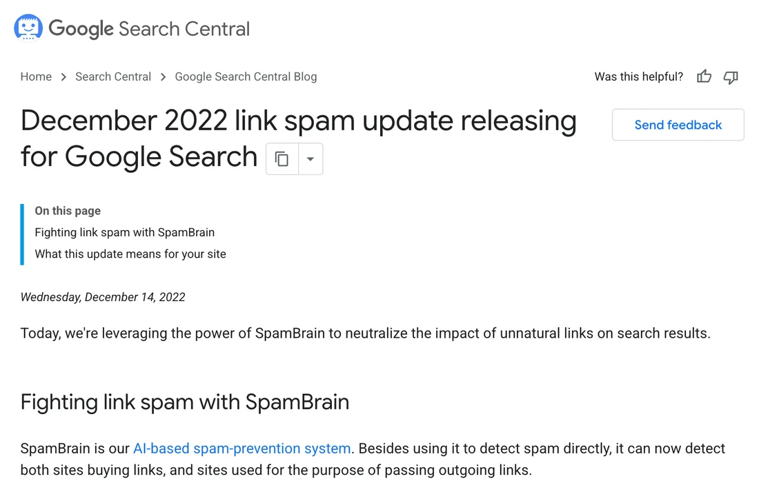 הפוסט של Google Search Central מ-14 בדצמבר 2022 על עדכון ספאם הקישורים ו-SpamBrain