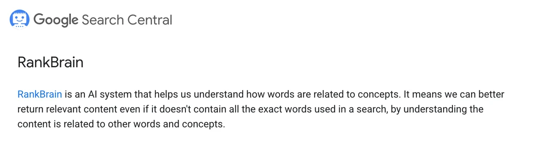 ההגדרה של RankBrain במדריך מערכות הדירוג של Google Search Central