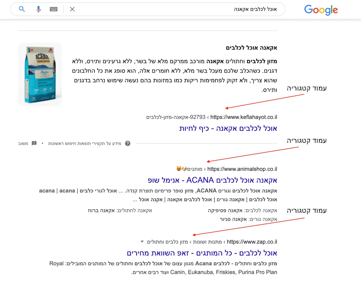 עמודי קטגוריות בתוצאות החיפוש