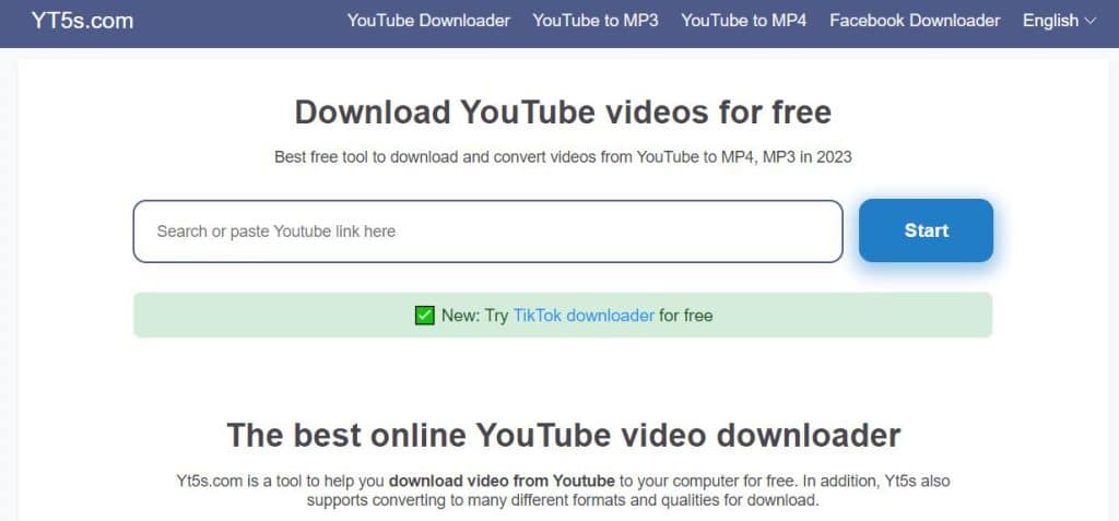 עמוד הבית של yt5s.com והתפריט העליון שלו