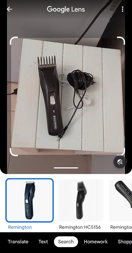 גוגל לנס מזהה מכונת תספורת של רמינגטון ומציע דגמים דומים