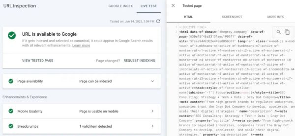 בדיקת URL ב-Search Console: בדיקה חיה וקוד ה-HTML שגוגל רואה