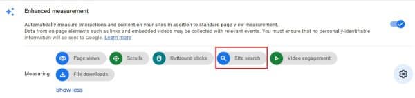 הגדרות Enhanced measurement ב-GA4 עם אפשרות Site search מסומנת