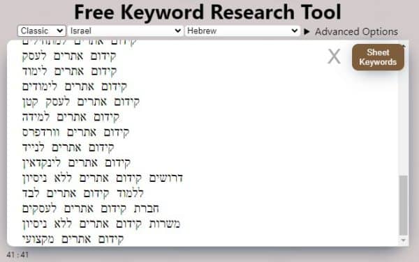 רשימת ביטויים בעברית שהפיק הכלי KeywordSheeter