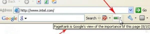 סרגל הכלים של גוגל מציג ציון PageRank של 8 מתוך 10