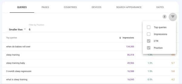 סינון שאילתות ב-Search Console לפי מיקום קטן מ-6 ולפי CTR