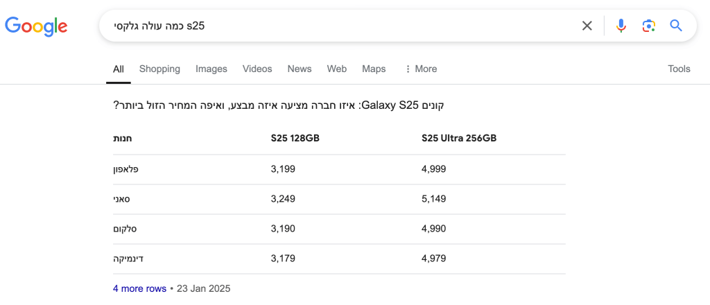 טבלת מחירים לגלקסי S25 שגוגל מציגה ישירות בתוצאות החיפוש