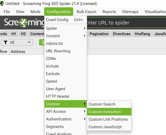 הגדרת Custom Extraction ב-Screaming Frog דרך התפריט Configuration