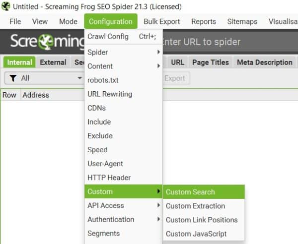 הגדרת Custom Search ב-Screaming Frog דרך התפריט Configuration