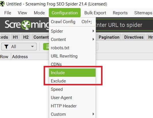 האפשרויות Include ו-Exclude בתפריט Configuration של Screaming Frog