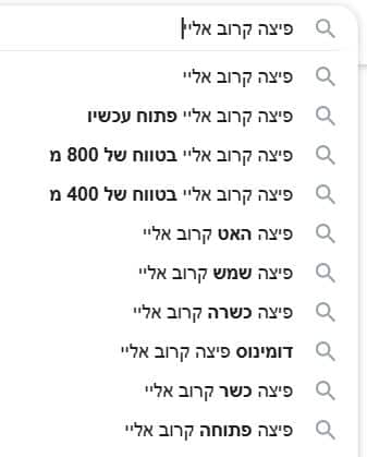 הצעות ההשלמה האוטומטית של גוגל לחיפוש פיצה קרוב אליי