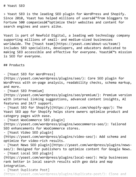 דוגמה לקובץ llms.txt של Yoast SEO