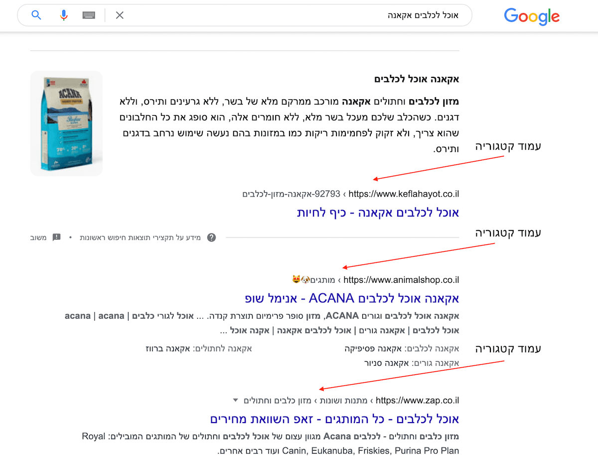 עמודי קטגוריות בתוצאות החיפוש